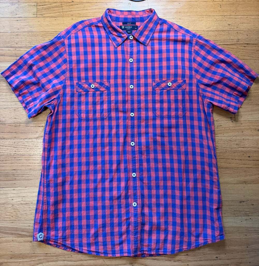 Cremieux Classics Slim Fit Men’s Short Sleeve Button-Up Shirt XL Pink Blue Check